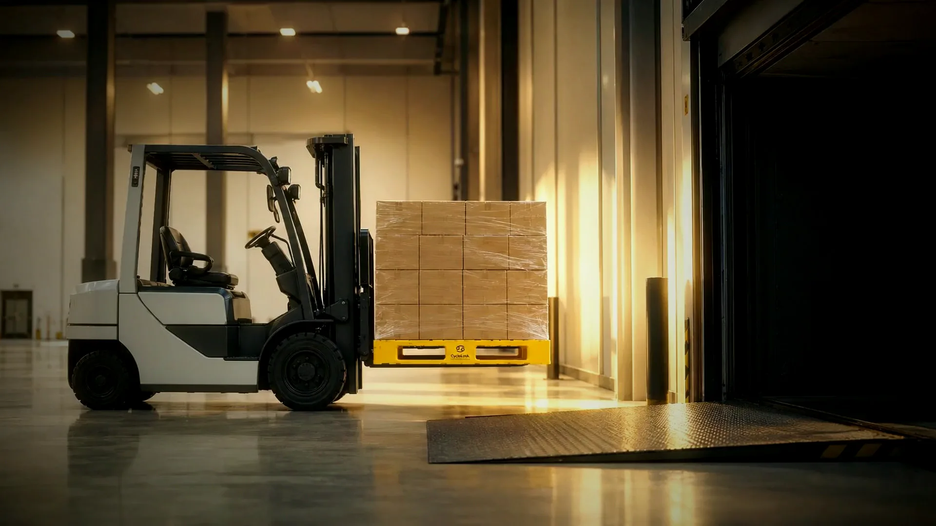 A forklift moving a wrapped pallet toward an open warehouse dock door