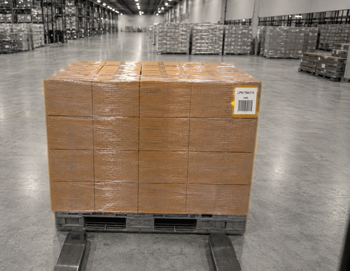 A pallet on forks at the receiving door, its LPN label facing the camera.